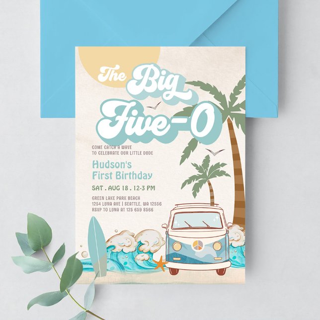 Invitation Retro Boy The Big Five-0 Surfant 50e Anniversaire (Créateur téléchargé)