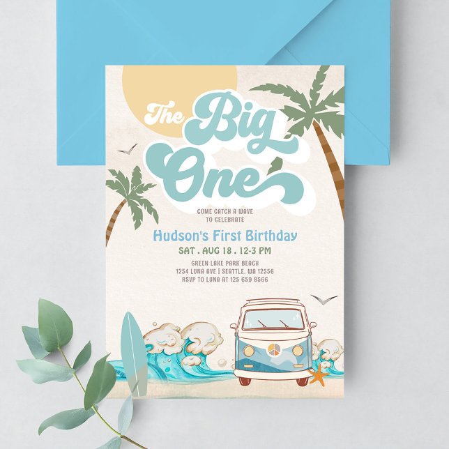 Invitation Retro Boy The Big One Surf 1er anniversaire (Créateur téléchargé)