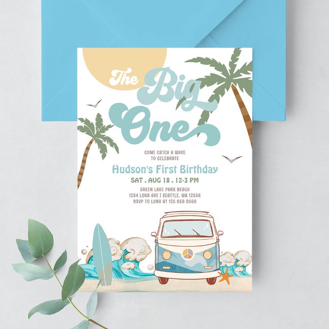 Invitation Retro Boy The Big One Surf 1er anniversaire (Créateur téléchargé)