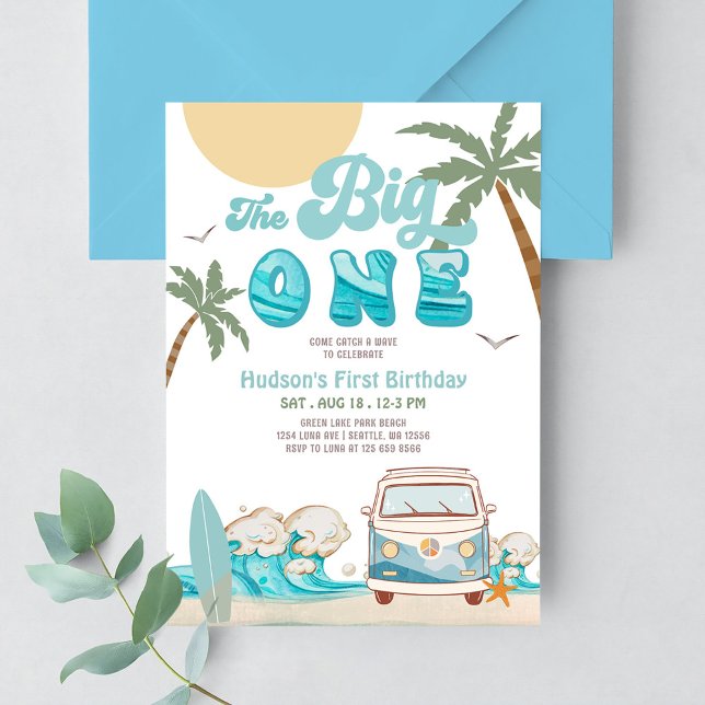 Invitation Retro Boy The Big One Surfing 1st Birthday Party (Créateur téléchargé)