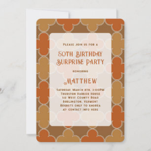 Invitation Retro Brown Orange Motif Surprise fête d'anniversa