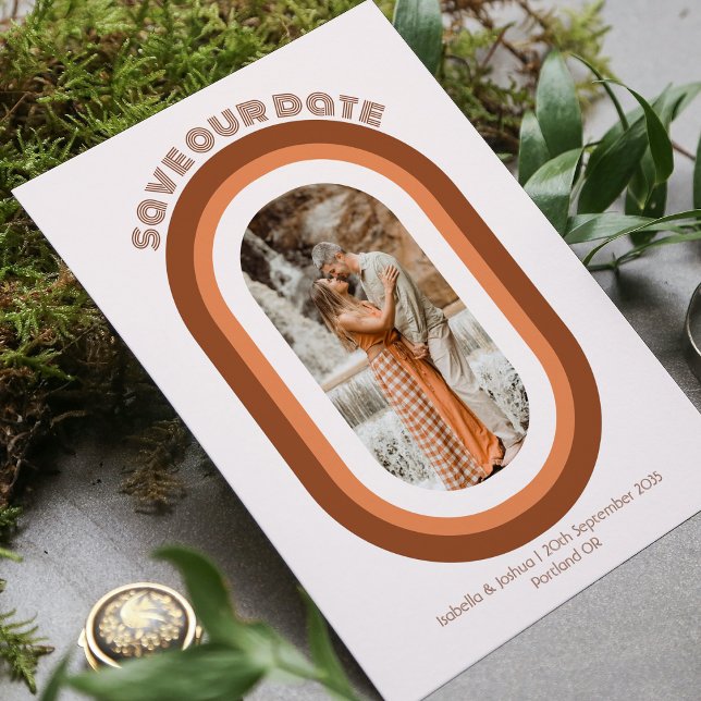 Invitation Retro Burnt Orange Arch Photo Sauver Notre Date (Créateur téléchargé)