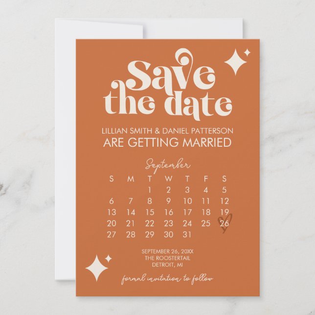 Invitation Retro Calendrier Wedding Enregistrer La Date (Devant)