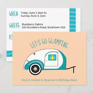 Invitation Rétro Camping-Car Aquamarine en Forme de Larme Gla