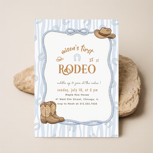 Invitation Retro carreau bleu Cowboy Premier Rodéo 1er Annive (Créateur téléchargé)