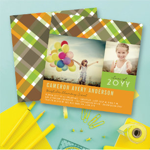 Invitation Retro Checks Plaid Modern 2 Photo Graduation Party