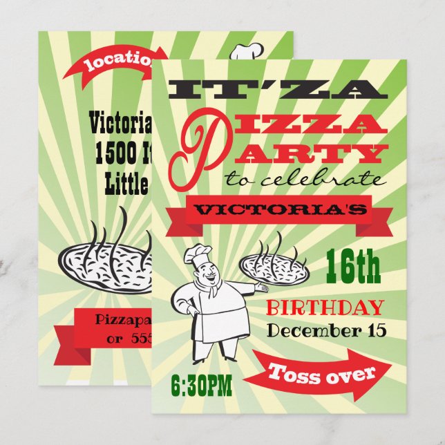 Invitation Retro Chef Pizza Anniversaire de fête Style (Devant / Derrière)