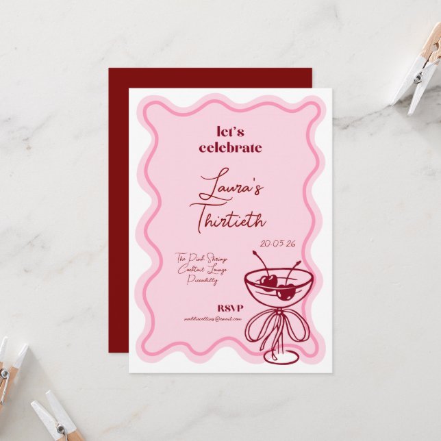 Invitation Retro Cherry Cocktail 30th Birthday Invite Bows (Devant/Arrière en situation)