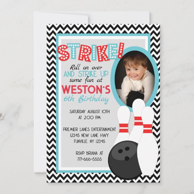 Invitation Retro Chevron Bowling Anniversaire Photo Invitatio (Devant)