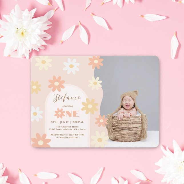 Invitation Retro Chic Bohemian Daisy 1er Birthday Baby Photo (Créateur téléchargé)