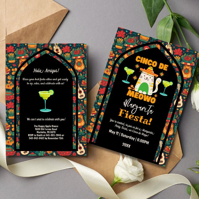 Invitation Retro Cinco De Mayo - Cute Cat Margarita Fiesta (Créateur téléchargé)