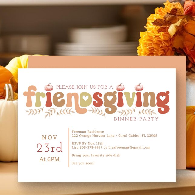 Invitation Retro Citrouille Thanksgiving Diner Par (Pumpkin Friendsgiving Typography)