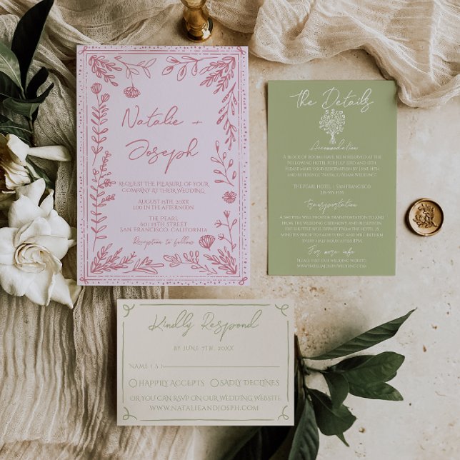 Invitation Retro Colorful Hand Drawn Floral Garden Wedding (Créateur téléchargé)