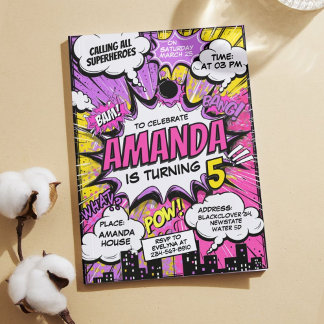 Invitation Retro Comic Superhéros Fille fête d'anniversaire