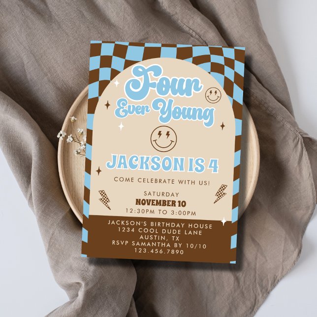 Invitation Retro Cool Four Ever Young Boys 4e fête d'annivers (Créateur téléchargé)