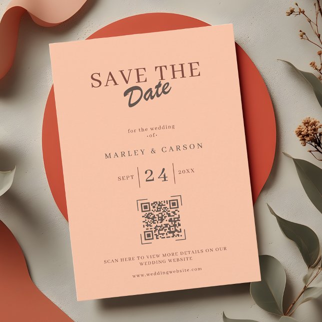 Invitation Retro Coral Peach QR Code Save The Date Wedding (Créateur téléchargé)