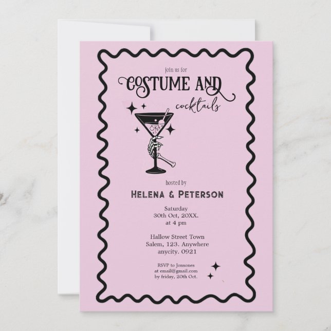 Invitation Retro Costumes et cocktails roses et noirs Fête (Devant)