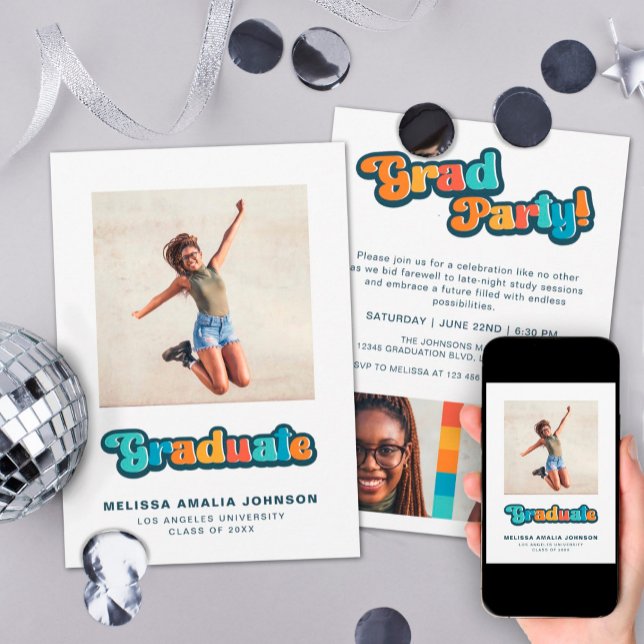 Invitation Retro couleur super 3 photo Grad Party informel (Créateur téléchargé)