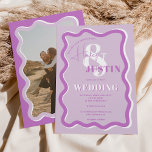 Invitation Retro courbe violet squiggle ondulée photo mariage<br><div class="desc">Un cool noms gras faire-part de mariage avec des noms personnalisés avec une calligraphie manuscrite et une police serif, 2 noms, deux styles avec la courbe de lavande violette rétro squiggle ondulée photo mariage. Tous les textes, noms et couleurs arrière - plans sont personnalisables pour vous permettre de mélanger et...</div>