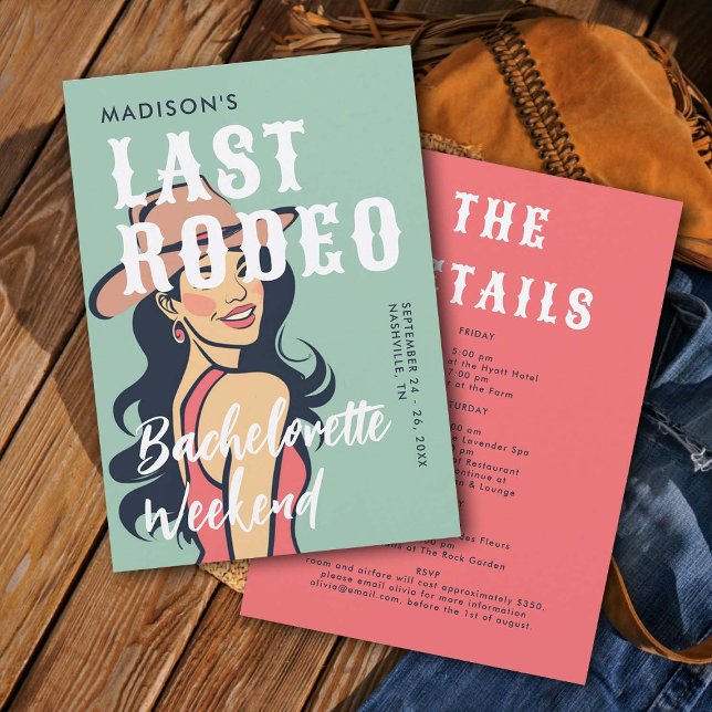 Invitation Retro Cowgirl Dernier Rodeo Glam rose Bachelorette (last rodeo bachelorette weekend invitation itinerary retro vintage elegant glam cowgirl pink black )
