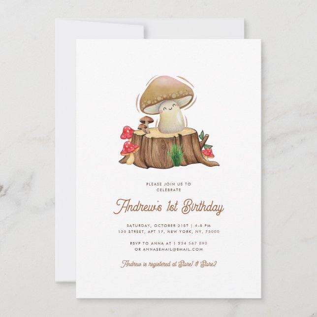 Invitation Retro Cute Kawaii Little Mushroom 1er anniversaire (Devant)