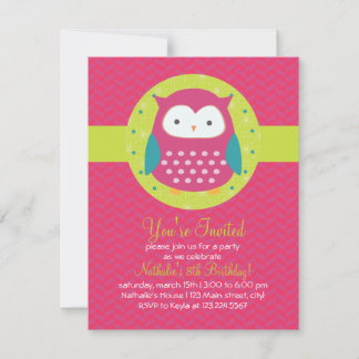 Invitation Retro Cute Owl Purple & Green Girl Birthday Party