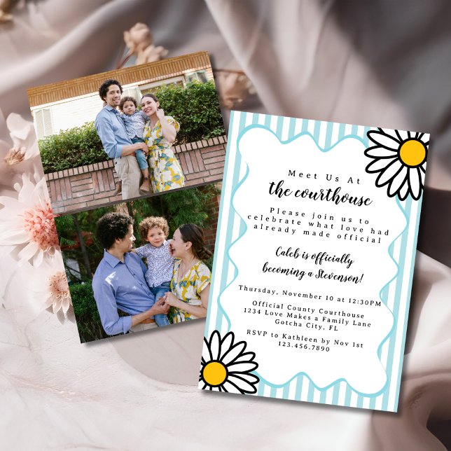 Invitation Rétro Daisies Bleu 2 Photo Adoption Jour Cour de j (Créateur téléchargé)