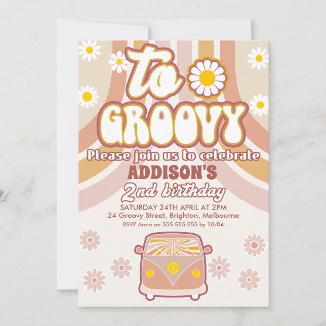 Invitation Retro Daisies Combi Deux Super 2e anniversaire (Devant)