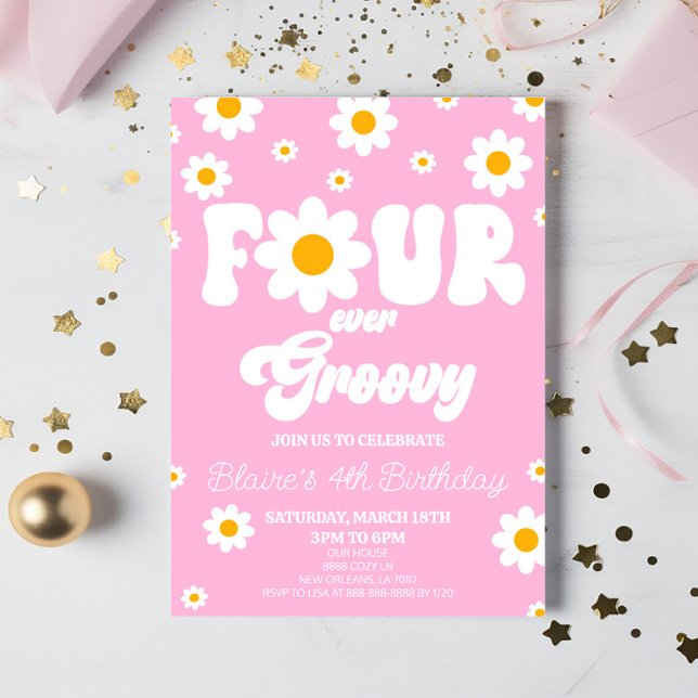 Invitation Retro Daisy Four Ever Super 4ème anniversaire (Créateur téléchargé)
