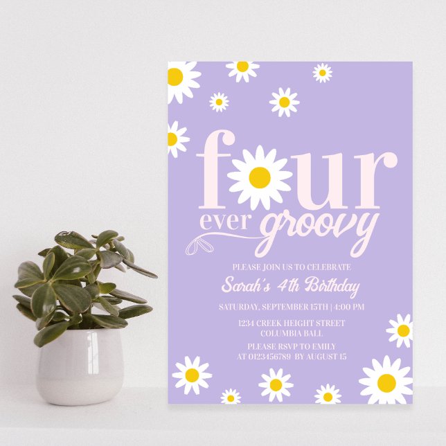 Invitation Retro Daisy Four Ever Super Purple 4e anniversaire (Créateur téléchargé)