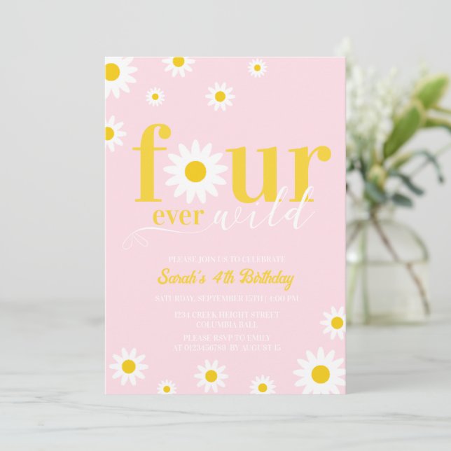 Invitation Retro Daisy Four Ever Wild Pink 4e anniversaire (Debout devant)