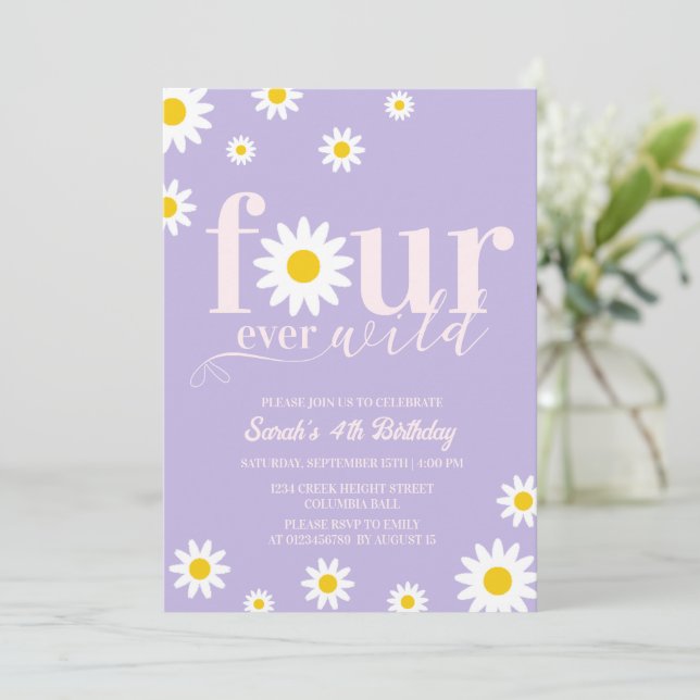 Invitation Retro Daisy Four Ever Wild Purple 4e anniversaire (Debout devant)