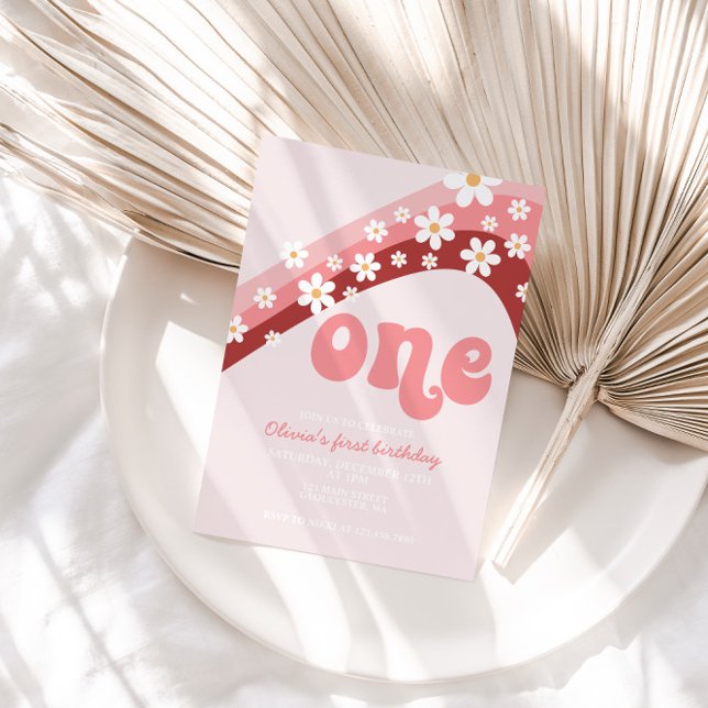 Invitation Retro Daisy rose arc-en-ciel premier anniversaire  (Créateur téléchargé)