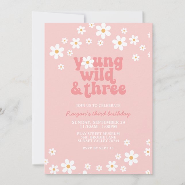 Invitation Retro Daisy Young Wild Three Floral 3e anniversair (Devant)