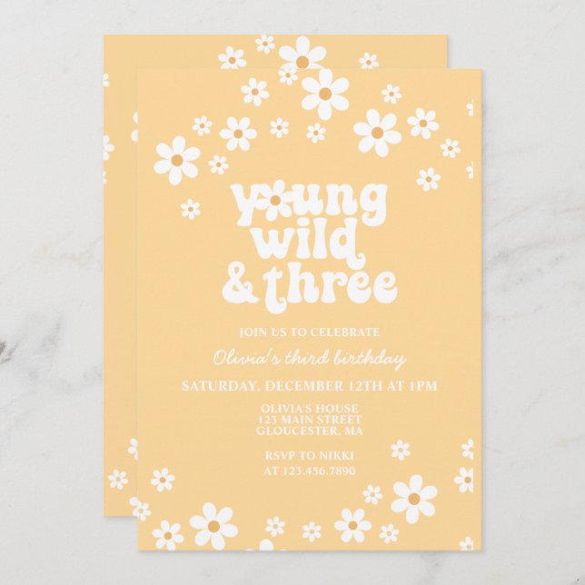 Invitation Retro Daisy Young Wild Three jaune 3e anniversaire (Devant / Derrière)