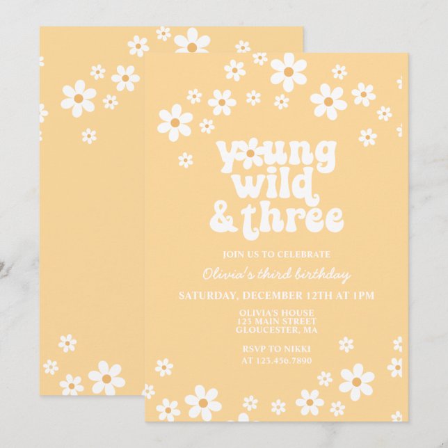 Invitation Retro Daisy Young Wild Trois ans jaune anniversair (Devant / Derrière)