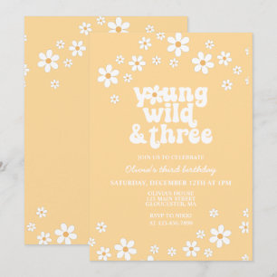 Invitation Retro Daisy Young Wild Trois ans jaune anniversair