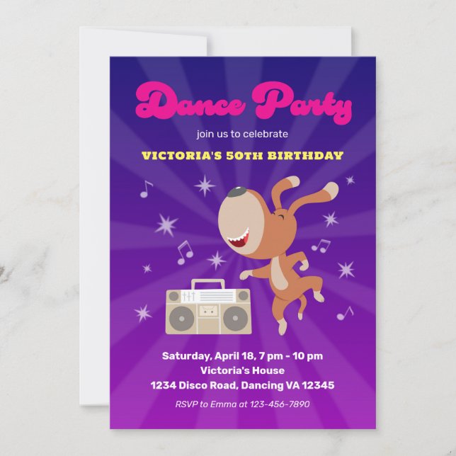 Invitation Retro Dance Disco Jalon 50e Anniversaire Chien Par (Devant)