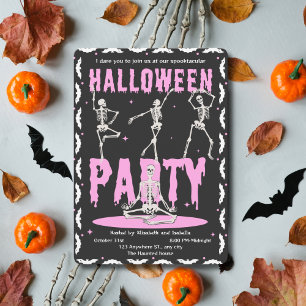 Invitation Retro Dancing Skeleton rose+Black Halloween Party