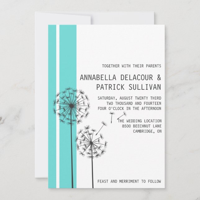 Invitation Rétro Dandelions Bleu Minimaliste Mariage (Devant)