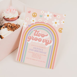 Invitation Rétro Deux Groovy Arc-en-ciel 2e Anniversaire