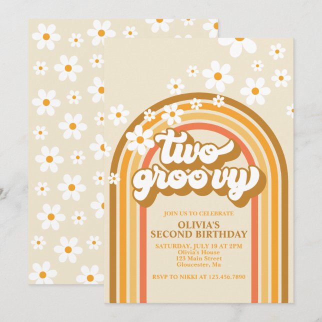 Invitation Rétro Deux GroovY Arc-en-ciel Marron Orange Annive (Devant / Derrière)