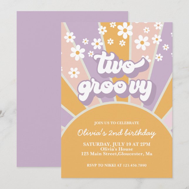 Invitation Rétro Deux Groovy marguerite violet Sunshine (Devant / Derrière)