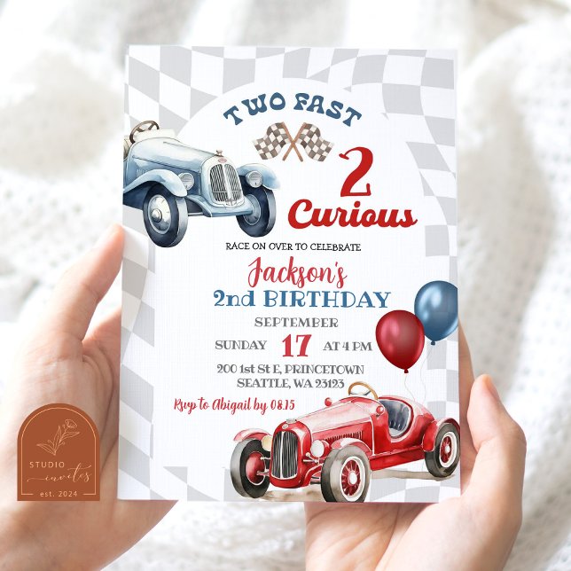Invitation Rétro Deux Rapide 2 Curieux Voiture de Course Garç (Créateur téléchargé)