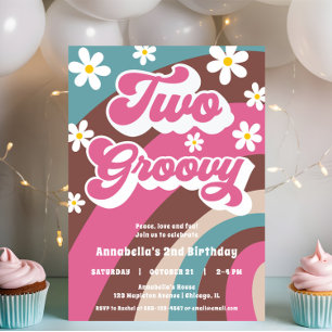 Invitation Retro DEUX super fille 2e anniversaire rose turquo