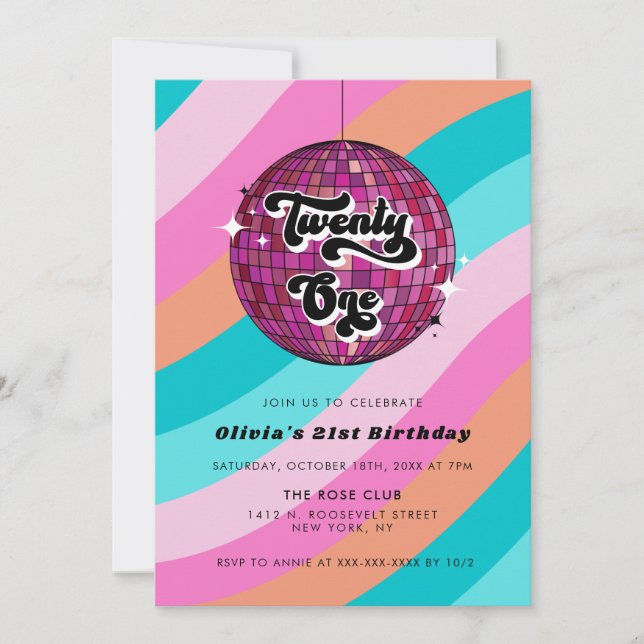 Invitation Retro Disco Ball Pink 21e anniversaire (Devant)