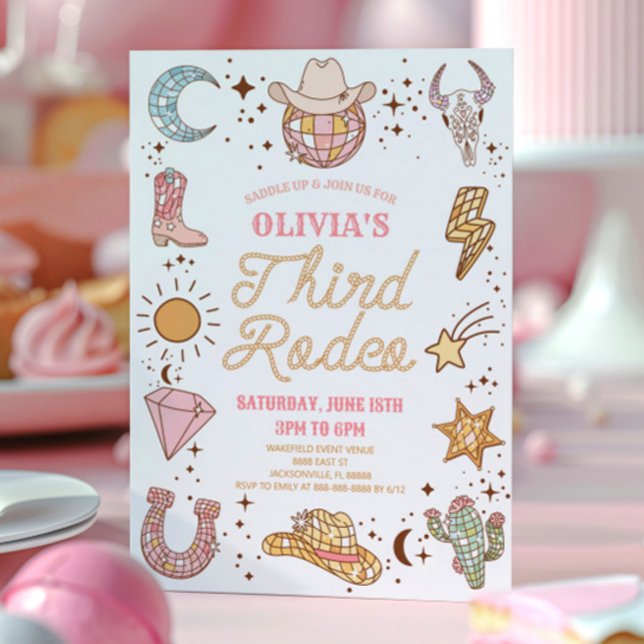 Invitation Retro Disco Cowgirl Troisième Rodéo 3e fête d'anni (Créateur téléchargé)