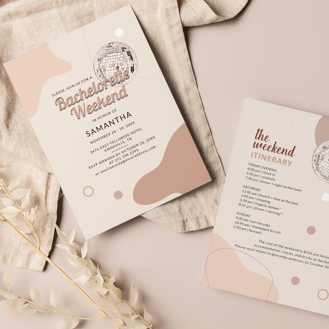 Invitation Rétro Disco les années 70 Bachelorette Week-end It (Disco Bachelorette Invitation with Weekend Itinerary)