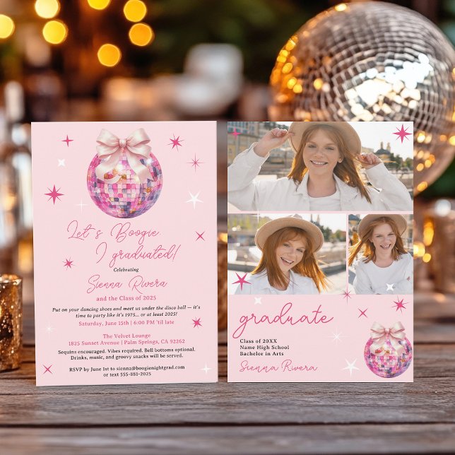 Invitation Retro Disco Pink Bow 3 photos Graduation Party (Retro Disco Pink Bow 3 photos Graduation Party Invitation)