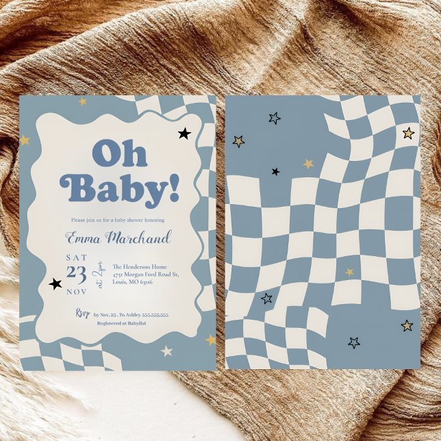 Invitation Retro Dusty Blue Checkered Oh Baby Baby Shower (Créateur téléchargé)
